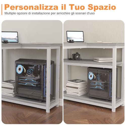 Scrivania ad Angolo Reversibile 110 x 80cm, Scrivania a Forma di L con Ripiani,Tavolo da Lavoro,Struttura in Acciaio, per Computer, Ufficio, Studio and Soggiorno, Grigio - Scrivania Gaming - Immagine 4