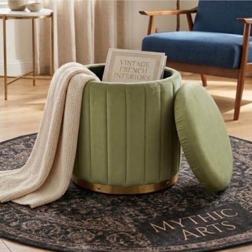 Image of Superior Round Storage Ottoman Stool 13 X 13X 16 inch, with Gold Metal Base | Elegant Pouffe with Secret Storage | Cushioned Footrest for Living Room, Bedroom, and Lounge Pista Green