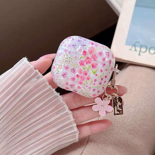 Image of MINSCOSE for Cute Glitter AirPods 4 Clear Case,Shell Pattern Cartoon Flower Aesthetic Design with Floral Keychain,Soft TPU Protective Cover with Cleaner Kit for AirPods 4-Pink