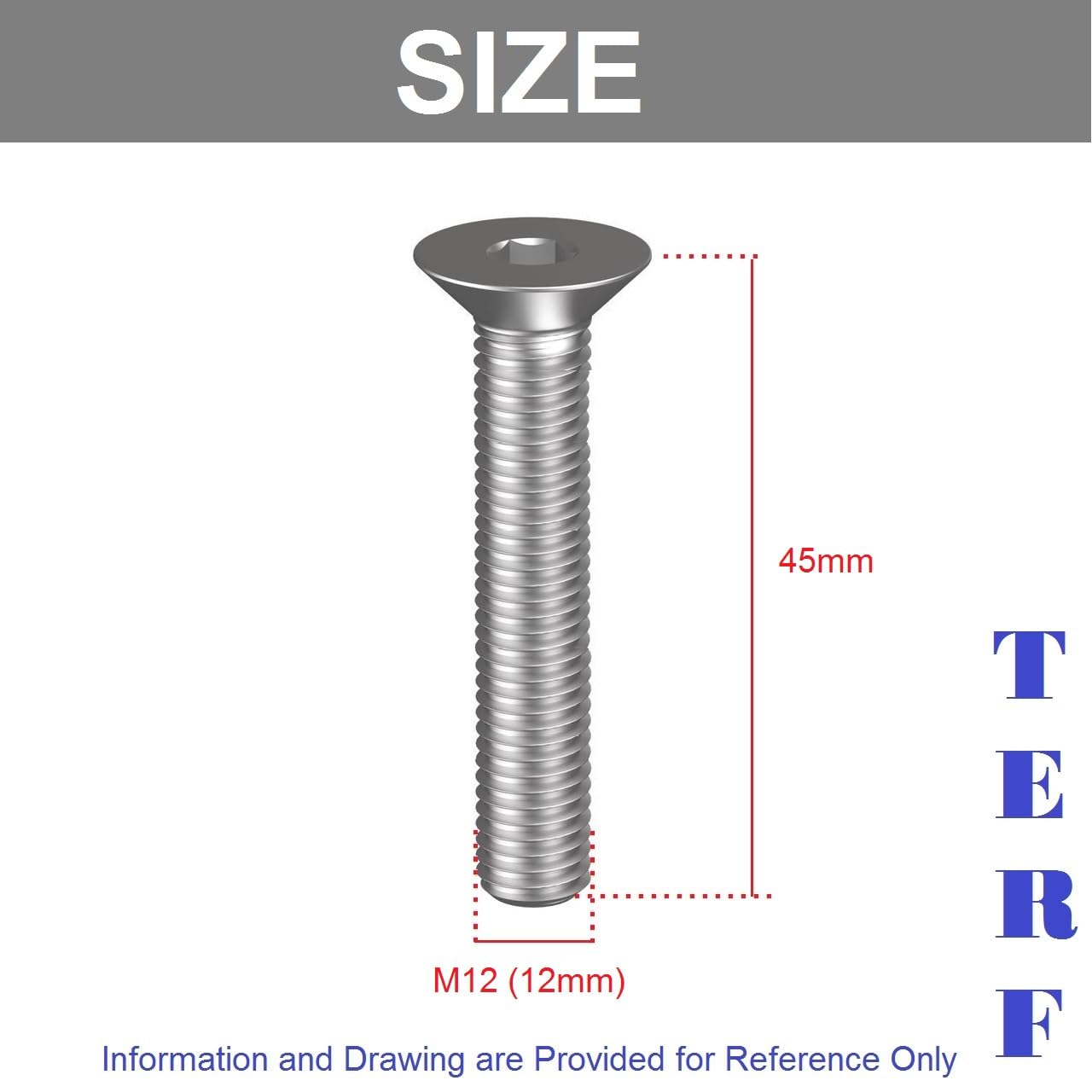 TERF® M12 X 45mm Hex Socket Countersunk Machine Screws Stainless Steel A2 (304) Machine Screw M12 (12mm) X 45mm Allen Key Hexagonal Socket Countersunk Bolts - Image 3