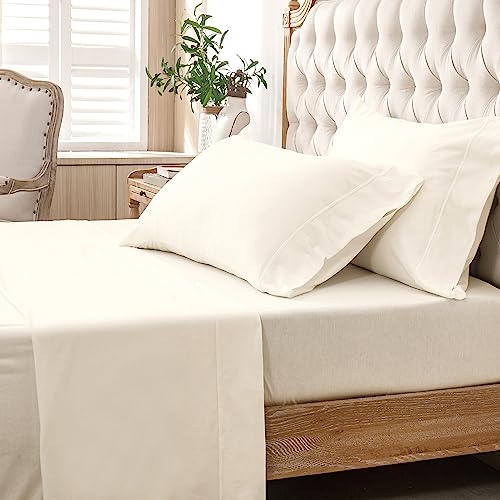 PURE ERA Jersey Knit 4pc Bed Sheet Set 100% T-Shirt Cotton Super Soft Comfy Breathable Fits Mattress Up to 20" Extra Deep Pocket (Solid Creamy White, Queen)