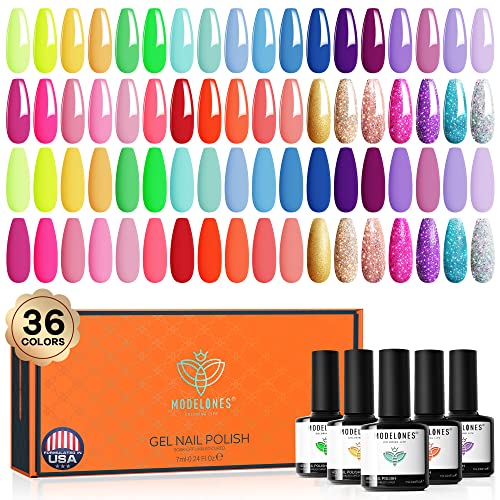 Modelones 36 Pcs Gel Nail Polish Kit, 2023 Spring Summer Rainbow Color Gel Polish Set 7ml Soft Pink Red Green Bright Neon Holiday Nail Polish Gel Glitter Soak Off LED Nail Art Kit Starter DIY Gift for Women