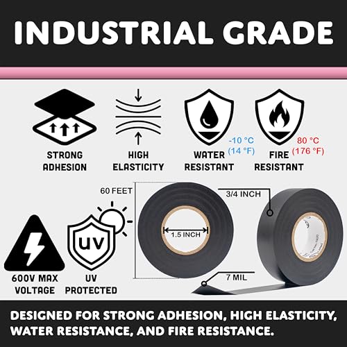 Image of TradeGear Colored Electrical Tape - PVC General Purpose - Waterproof, Flame Retardant, Rubber Based Adhesive, UL Listed - Rated for Max. 600V and 80oC Use - 60' x 3 /4 inch x 0.07 inch (1 Pk Pink)