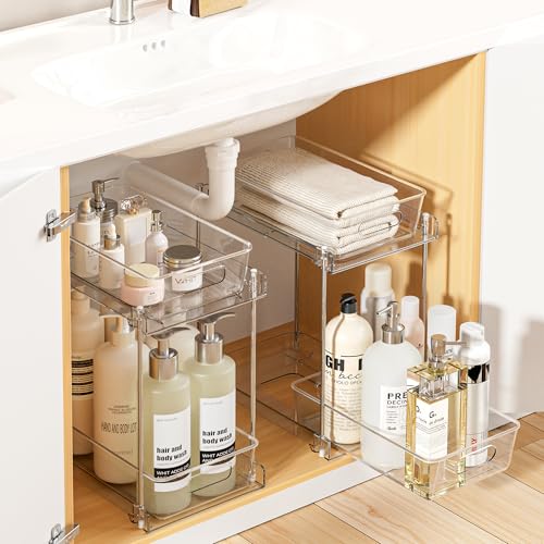 Image of Vtopmart 2 Pack Higher Bathroom Organizer, 2 Tier White Under Sink Organizers Vanity Countertop Storage Container,Cabinet Drawers Bins, Pull-Out Organization with Track for Pantry, Kitchen