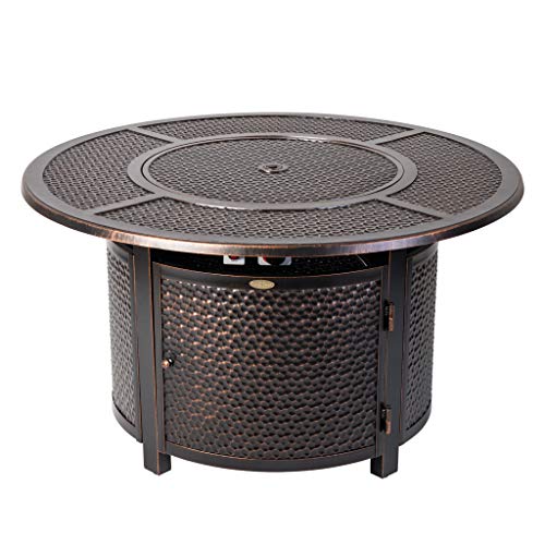 Fire Sense 62360 Briarwood Hammered Aluminum Convertible Gas Fire Pit Table 55,000 BTU Multi-Functional Outdoor with Fire Bowl Lid, Nylon Weather Cover & Clear Fire Glass- Bronze Finish - Round - 44'