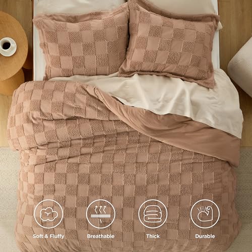 Image of Bedsure Terracotta Queen Size Comforter Set, Boho Tufted Bed Set, Checkered Farmhouse-Style Distressed Vintage Bedding, 3 Pieces, 1 Plaid Geometric Comforter and 2 Pillow Shams