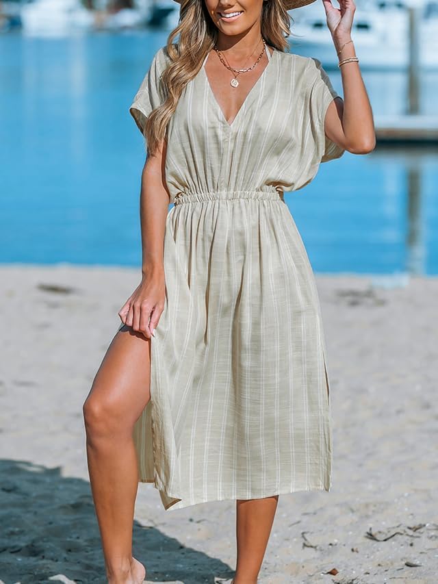 CUPSHE Women Beach Cover Up V Neck Short Sleeve Striped Midi Swimsuit Coverup Dress XS-XXL - Image 6