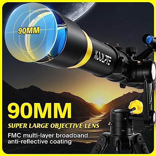 Image of Koolpte 90mm 900mm Telescope for Adults & Beginners, Vertisteel AZ Mount | 90mm 900mm telescope for adults and beginners; coated optics, Vertisteel AZ mount for moon and planets, phone adapter kit.