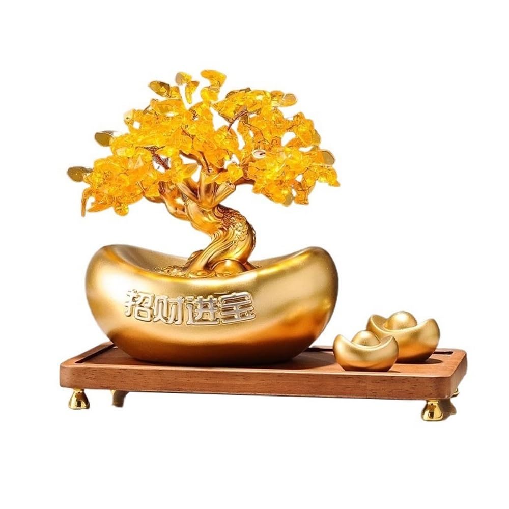 Money Tree Crystal Money Fortune Tree, Citrine Attracting Wealth Ornaments, Home Prosperity Feng Shui Table Decoration Crystal Tree(Gold)