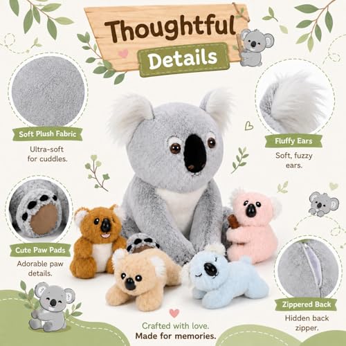 Image of Koala Plush Toy with Babies, 17.7 inch Wild Animal Stuffed Animal