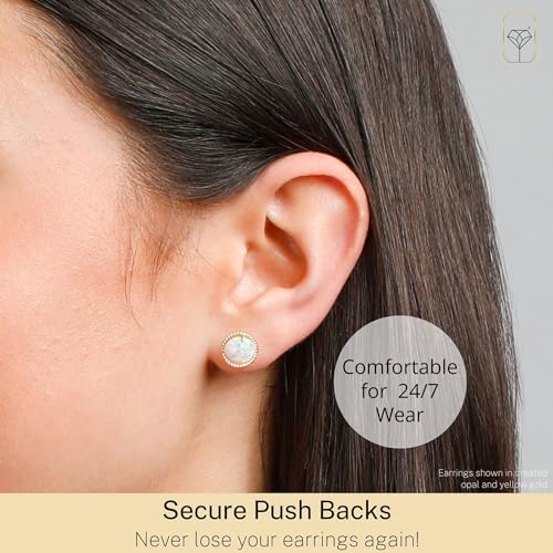 14k White or Yellow Gold Roped Halo Gemstone Round Stud Earrings for Women with Push Backs and 8mm Birthstone by MAX + STONE4