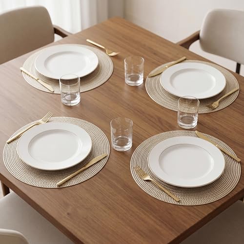 Image of Yellow Weaves 4 Pcs PVC Hollow Woven Design Table Placemat, Dining Table Mat, Anti-Skid, Washable, Dining, Kitchen, Restaurant Table Set Easy to Clean, Durable (Hollow Golden)