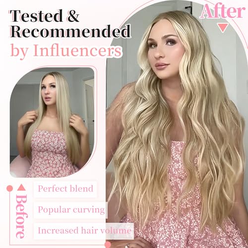 Image of Wavy Clip in Hair Extensions 20 inch Ashy Beige Blonde Balayage | 4 Pieces Clip in Extensions,Fiber Double Weft Hairpieces,Natural Volume,Beach Wave Long Synthetic Hairpieces for Women