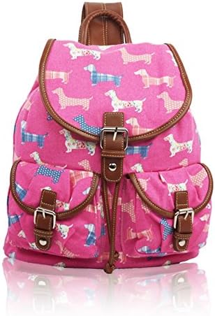 Canvas Vintage Print School Rucksacks Large Size - Flowers, Birds, Fish, Polka Dot, Aztec (Sausage Dog GZ28F Fuchsia)