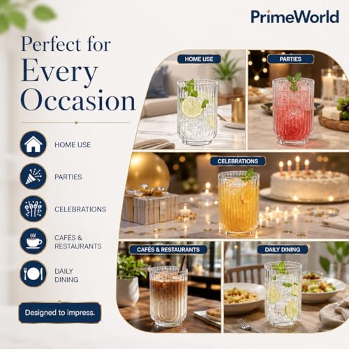 Image of PrimeWorld Vintage Ribbed Drinking Glasses Set of 4-520 ml | Heavy Big Size Art Deco U-Shape Arch Design Colored Glass Tumblers for Water, Juice, Cocktails | Decorative Party Glassware