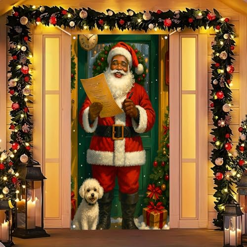 Image of BlissYard Door Cover Christmas Wrapped Box Santa 35x71 Inch Polyester