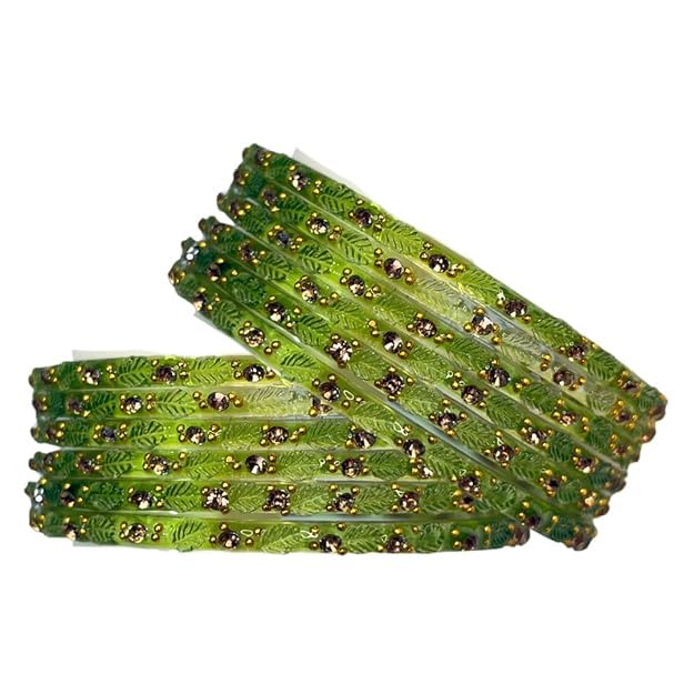 Leaf Design Glass Bangles Set of 12 for Women & Girls | Handcrafted Textured Bangles with Golden Stone Work | Traditional Ethnic Jewelry-image-29