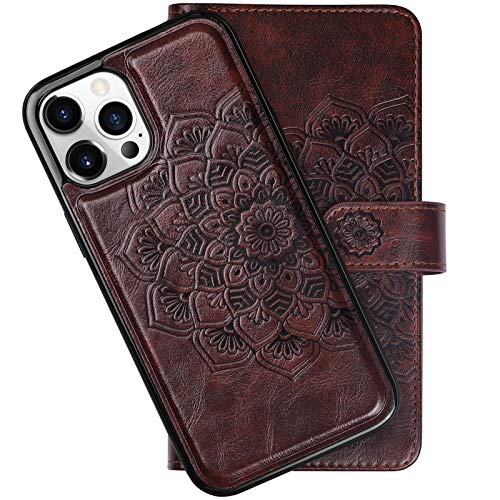 51Bkn+yWfEL Vofolen Compatible with iPhone 12 Pro Max Case 5G Wallet for Women Girl Detachable Strap 2-in-1 Credit Card Holder 9-Slot Protective Hard Shell Magnetic Leather Folio Pocket Flip Cover Mandala Brown - Image 6
