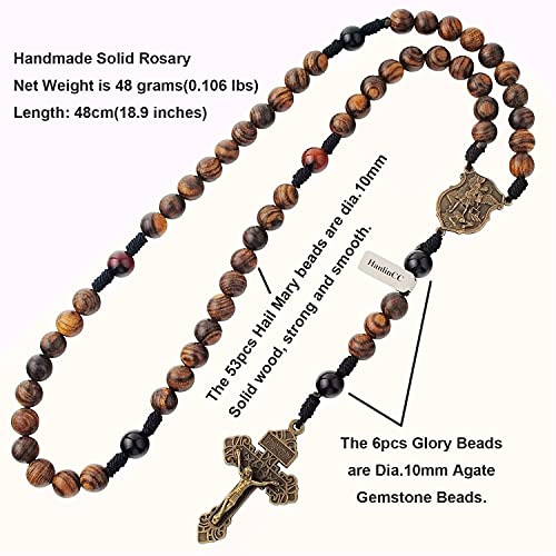 HanlinCC 10mm Handmade Solid Wood Beads with Agate Stone Our Father Beads Catholic Rosary Necklace for Men with St.Michael Center Piece and Pardon Crucifix2
