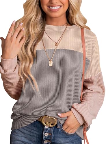 Cuptacc Pullover für Damen Farbblock Langarmshirt Damen Oversized...