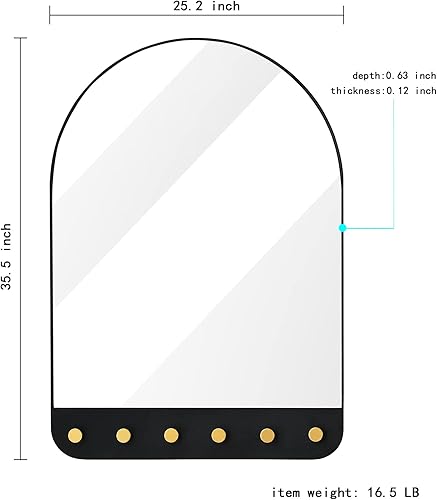 Miniatura 2 de Espejo de pared arqueado de 25 x 36 pulgadas espejo arqueado negro montado en la pared con ganchos marco de metal para decoración de pared para baño
