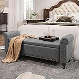 55 Inch Bedroom Bench, End of Bed Bench with Storage, Bed Benches for Foot of Bed, Faux Leather Window Bench with Rolled Arms, Upholstered Storage Bench with Tufted Button and Nailhead Trim, Gray