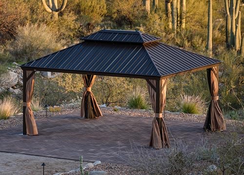 PURPLE LEAF 14' X 16' Outdoor Hardtop Gazebo Patio Wide Aluminum Frame Metal Double Roof with Heavy Duty Netting and Curtains for Permanent Hard Top Pavilion Screen Khaki