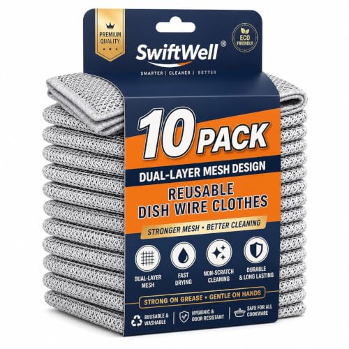 Image of SwiftWell Reusable Dish Wire Cloth (Pack of 20) | Dual Layer Mesh Dishwashing Scrubber | Non-Scratch Kitchen Cleaning Cloth | Washable Steel Wire Cleaning Pad for Utensils, Cookware, Sink & Stovetop