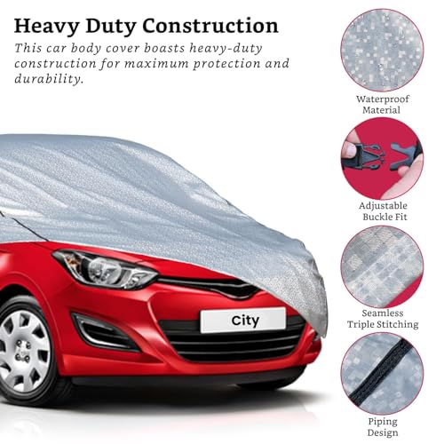 Image of Allextreme Car Body Cover for Honda City All Models & Years 100% Waterproof Triple Stitched with Mirror Pockets Full Bottom Elastic Dustproof Heat & UV Resistant Full Body Protection (Silver)