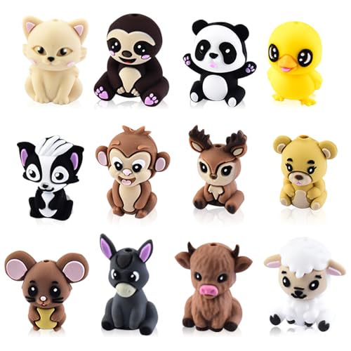 WOZADU 12 PCS 3D Animal Theme Silicone Focal Beads for Pens，Focal Beads Bulk for Keychain Bracelet Necklace Making，Handmade Crafts Supplies