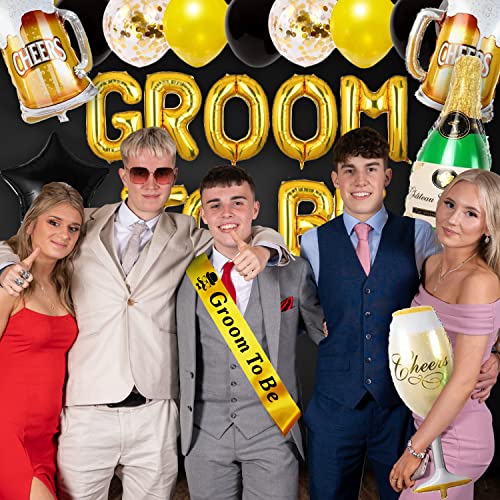 Image of Party Propz Groom to Be Decoration Set Combo - 16Pcs Set Groom to Be Balloon, Champagne & Cheers Foil, Metallic Balloons and Yellow Sash for Bachelorette Party Decorations