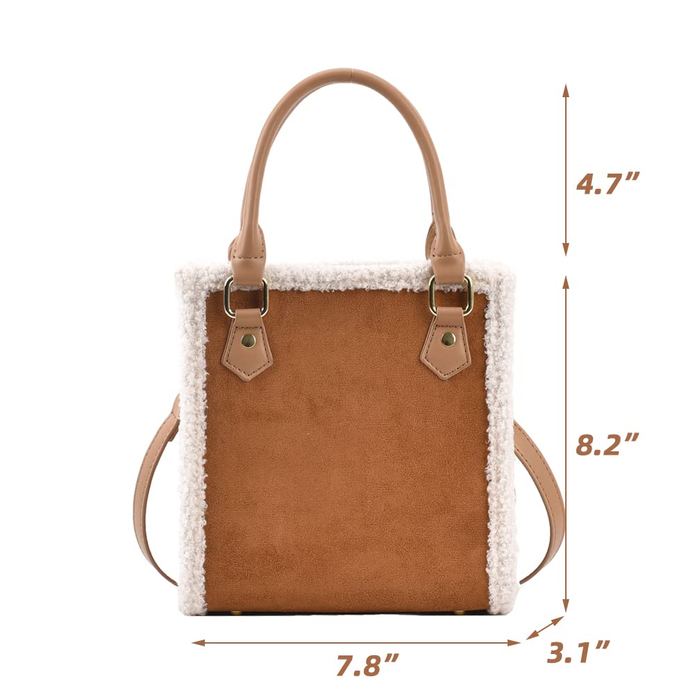 Mudono Bolsos de mano para mujer, bolso pequeño de gamuza, bolso cruzado cuadrado con ribete de piel de oveja sintética y correa desmontable, Marrón, Small