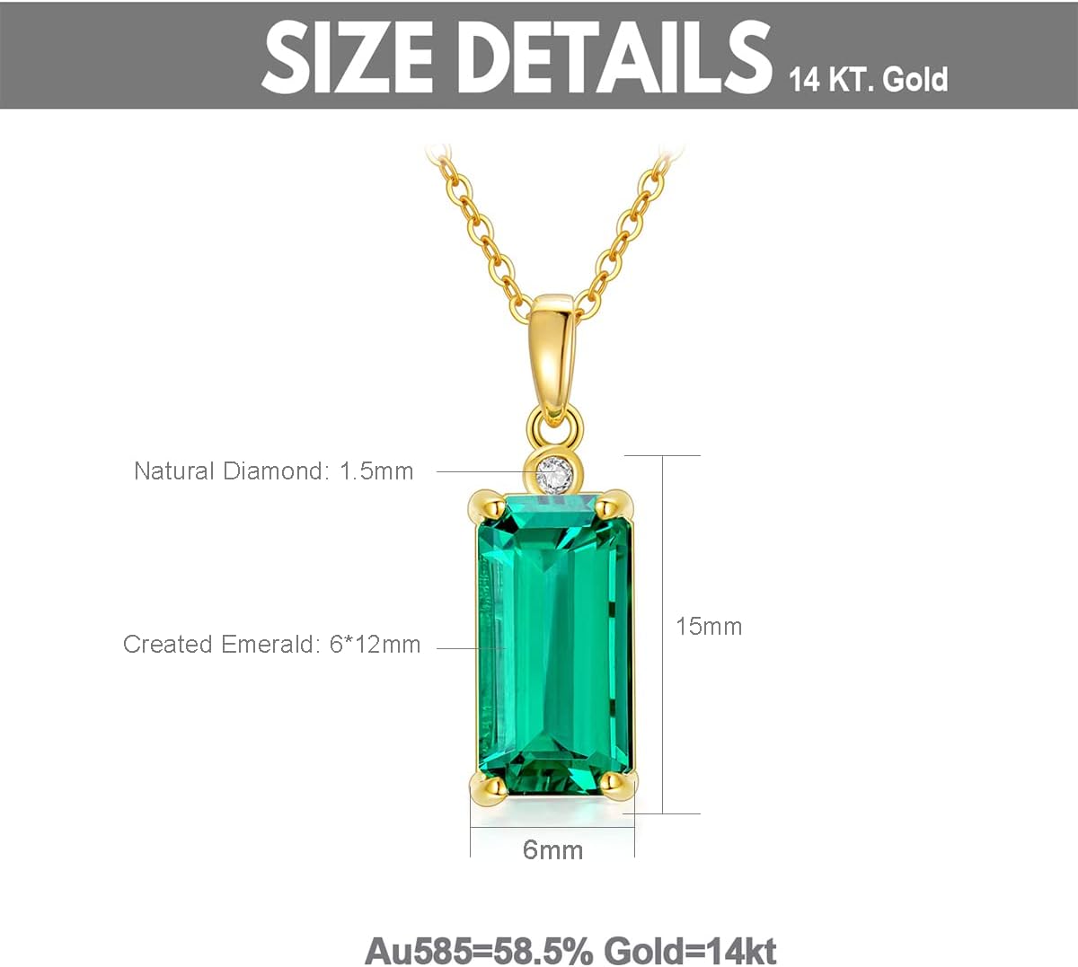 14K Real Gold Emerald Necklace for Women with Natural Diamond, Created Emerald Jewelry Mothers Day Gifts for Mom Wife Her 16''+1''+1''