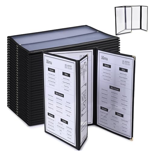 WeChef 30 Pcs Restaurant Menu Covers 8.5x14" Trifold Style 3 Page 6 View & 4.25x14" Half Page Double-Stitched Edge Menu Holders PVC Transparent Menu Sleeves for Wine List Drink Bar Cafe Hotel