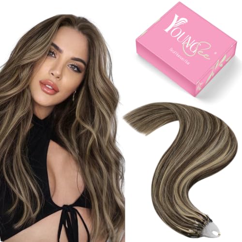 YoungSee Micro Bead Hair Extensions Real Human Hair Brown Highlight Microlink Hair Extensions Human Hair Dark Brown Highlight Caramel Blonde Micro Hair Extension Short Hair 14 Inch 57g 50 Strands