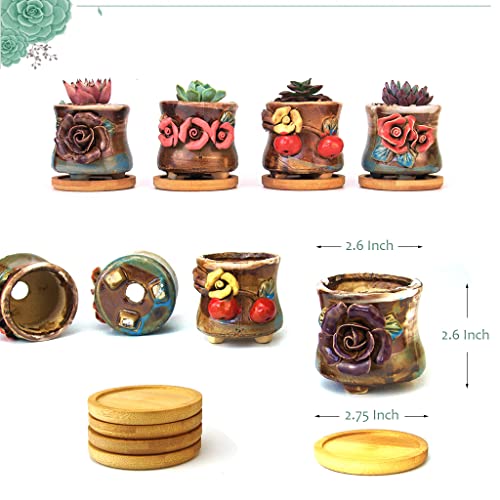 Summer Impressions 2.5 Inch Succulent Pot Handmade Flower Design Round Ceramic Antique Plant Pot Cactus Pot Planter With Drainge And Mesh Pad Set Of 8 #TOP5