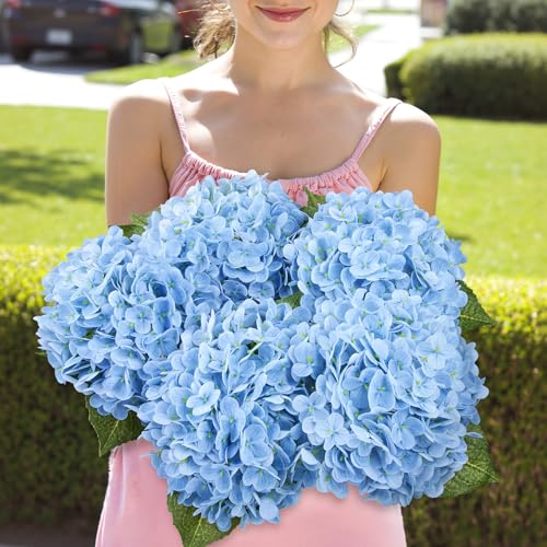Image of Bassion 4 Pcs 21 inch Blue Hydrangea Artificial Flowers for Decorations | Realistic, lates real touch faux hydrangeas, for wedding bouquet party table centerpieces arrangements home decorations