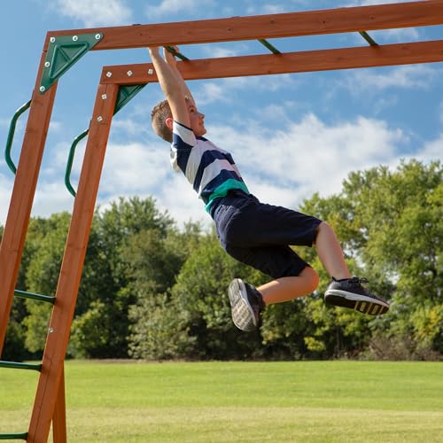 Image of Backyard Discovery Skyfort II Cedar Wood Swing Set with Wave Slide, Raised Clubhouse, Crow's Nest, Monkey Bars, Balcony, Belt Swings, Trapeze, Rock Wall, Picnic Table, Sandbox, Ladder, Outdoor Playset