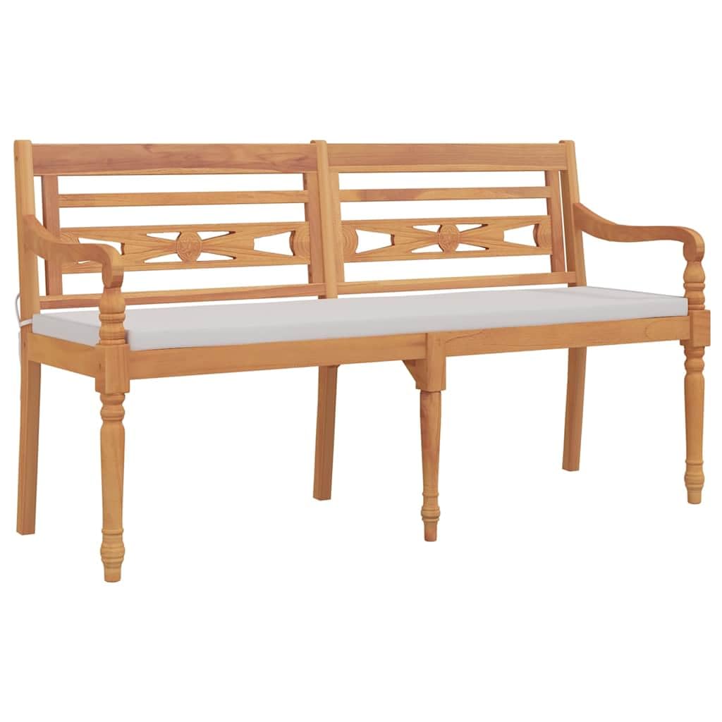 Batavia - Banco para exteriores con cojín, 150 cm, madera maciza de teca con cojines, banco de jardín con reposabrazos curvados y tallas decorativas