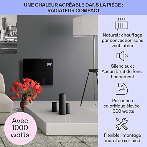 klarstein bornholm single radiateur à convection, pièces jusqu'à 25 m2, protection ip24, 1000 w, chauffage rapide, télécommande, ecran tactile led, mode eco, noir