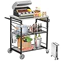 Ciokea Folding Outdoor Grill Cart with Wheels, 3-Shelf Grill Table with 27x18 in Stainless Steel Top, Rolling Pizza Oven Stand, Metal Portable Cart for BBQ Patio Camping (Black)