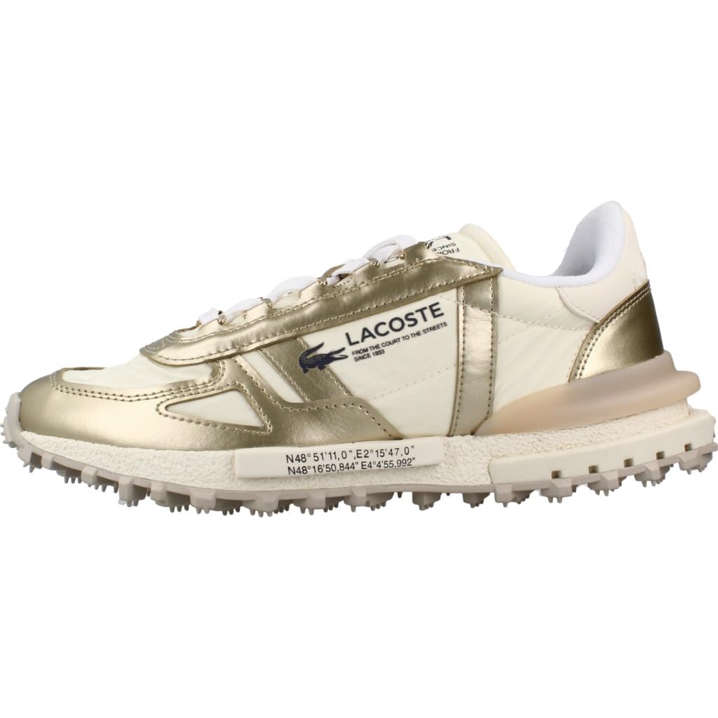 Lacoste Elite Active Zapatillas Running Años 70, Blanco y Dorado, Nailon y Ante, Suela de Caucho, Estilo Deportivo Retro