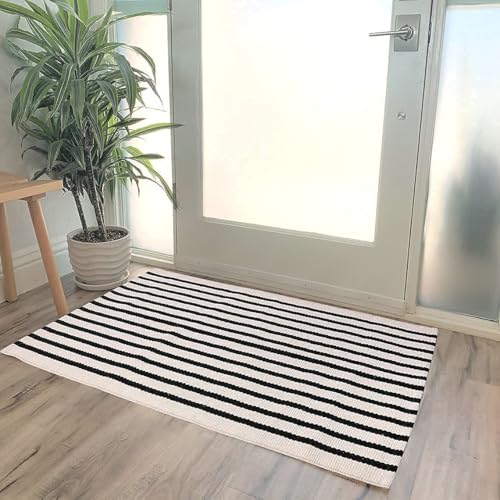 LEEVAN Black and White Striped Rug Doormat 24"x35" Washable Front Porch Rug Farmhouse Layered Door Mats Outdoor Cotton Hand Woven Throw Carpet for Entryway/Front Steps/Bathroom/Home Entrance - Image 3