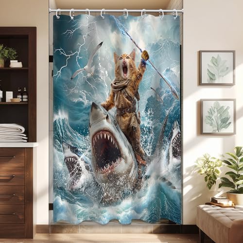 Image of Funny Cat Riding Shark Shower Curtain Ocean Surfing 48Wx72H Inch Decor | Kids Cool Hilarious Beach Sea Waves Lightning Blue Sky Waterproof Polyester Fabric Bathroom 12 Hooks