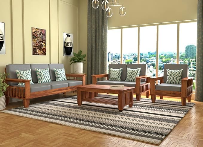 Image of Sheesham Wooden 6 Seater Sofa for Living Room | Rosewood 6 Seater Cushion Sofa with Side Newspaper Holder for Home & Office (-Honey Finish,3+2+1 Seater)