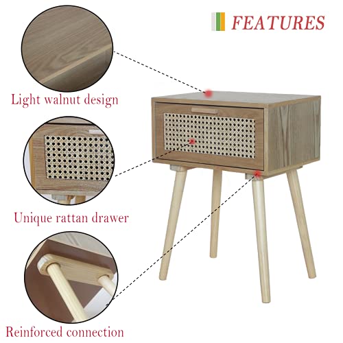 AWASEN Nightstand Mid Century Modern Side Table with Rattan Drawer, End Table with Storage and Solid Wood Legs for Bedroom Living Room Small Space, Easy Assembly (Natural Walnut) - Image 3