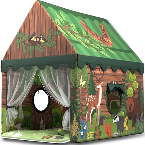Image of Kids Play Tent – Large Indoor Playhouse for Boys & Toddlers, Woodland Nursery Design, Earthy Green (55”49”47”) – Sturdy Poles, Battery Lights, Carry Bag, 2 Windows – CPSC Certified