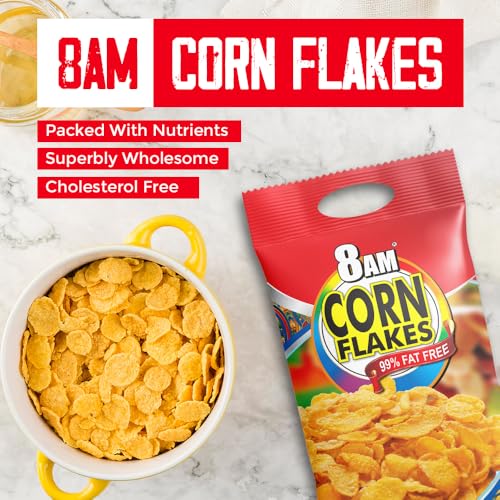 Image of 8AM Corn Flakes 200g, 92% Corn, 99% Fat Free, No Cholesterol, Trans Fat, Artificial Additives, Vitamins B1, B2, B3, B6, B9, Iron, Calcium, Crunchy & Nutritious Cereal