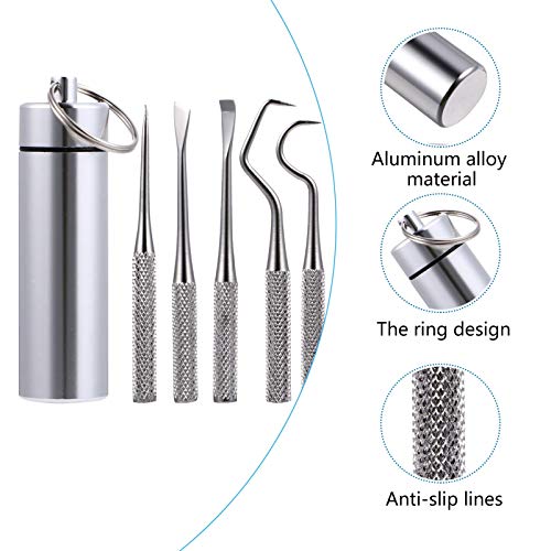 EXCEART-6pcs-Mini-Metal-Toothpick-Holder-Tool-Kit-Reusable-Floss-Tooth-Picks-Set-Portable-Travel-Toothpick-Scraper-Stainless-Steel-Dental-Picks-for-Outdoor-Picnic-Camping