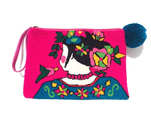 Pochette femme avec fermeture éclair, finitions soignées à pompon
